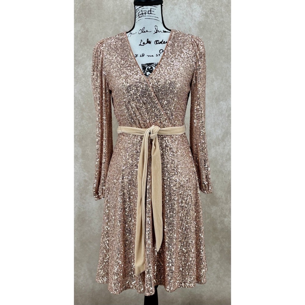 Nanette Lepore Sequin Wrap Dress Size 4 Rose Gold Long Sleeve A Line Party Lined
